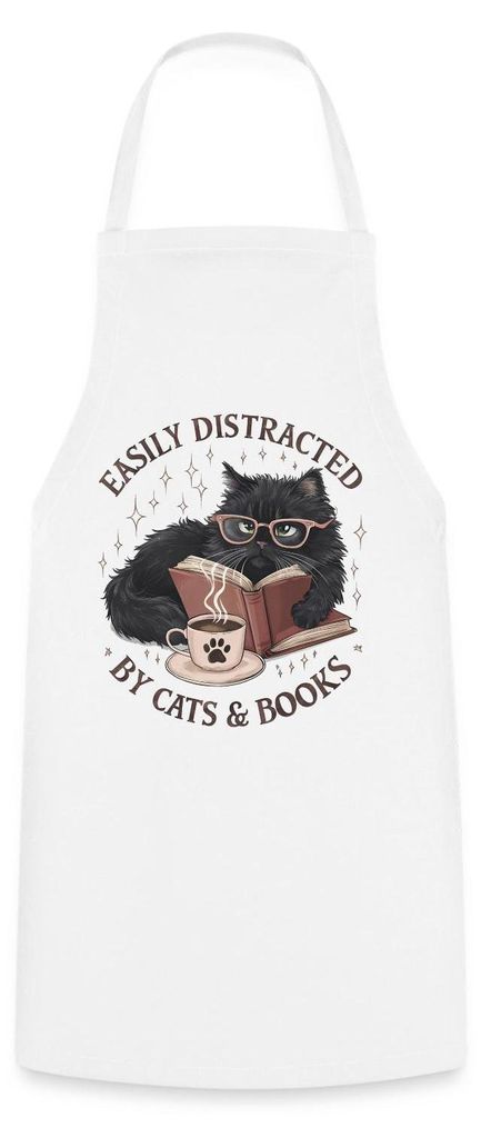 Spreadshirt Easily Distracted By Cats & Books | Leseratte Katze Kochschürze, One size, Weiß