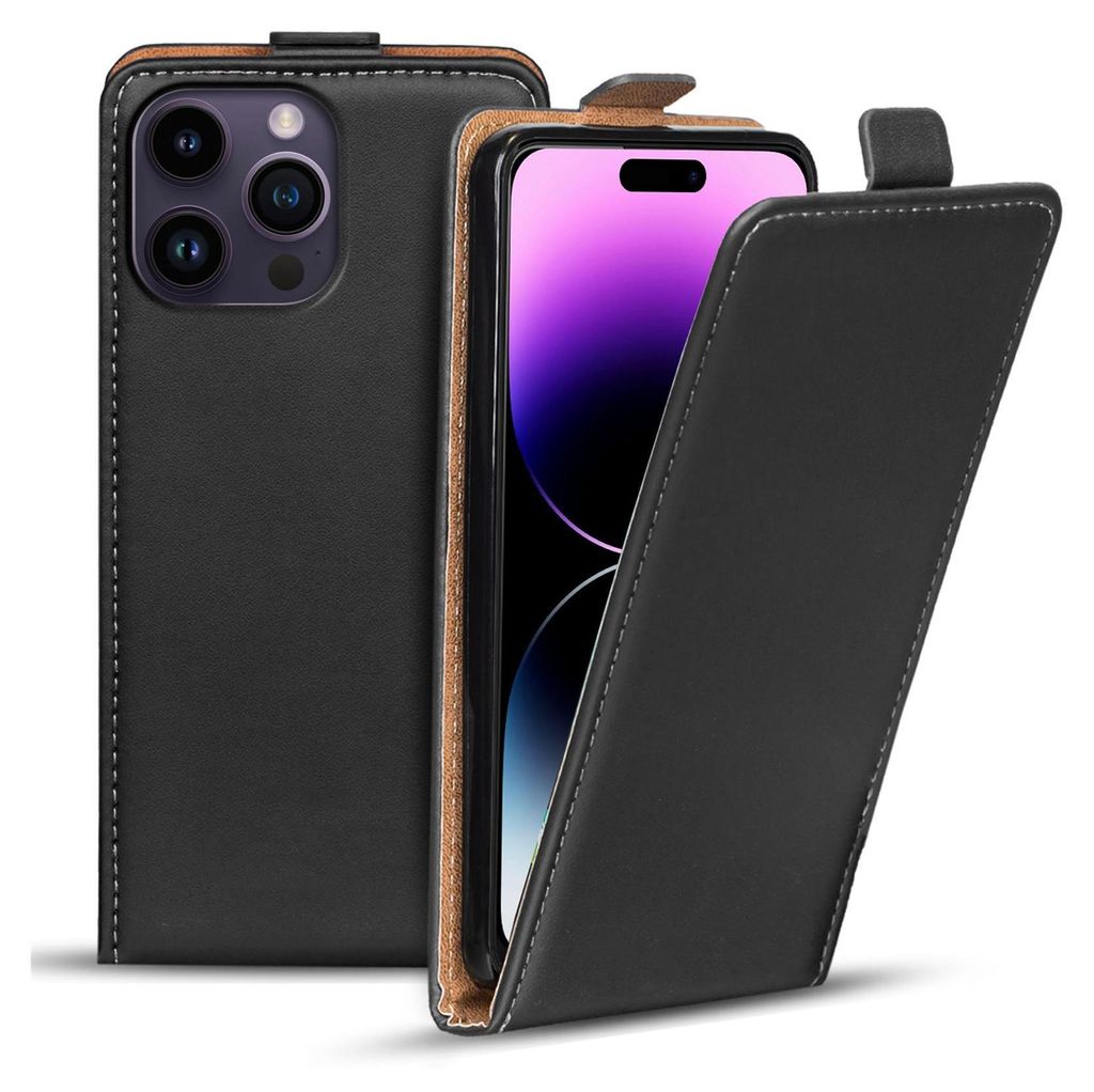 A black flip case for an iPhone 14 Pro is shown, with the phone partially visible inside.