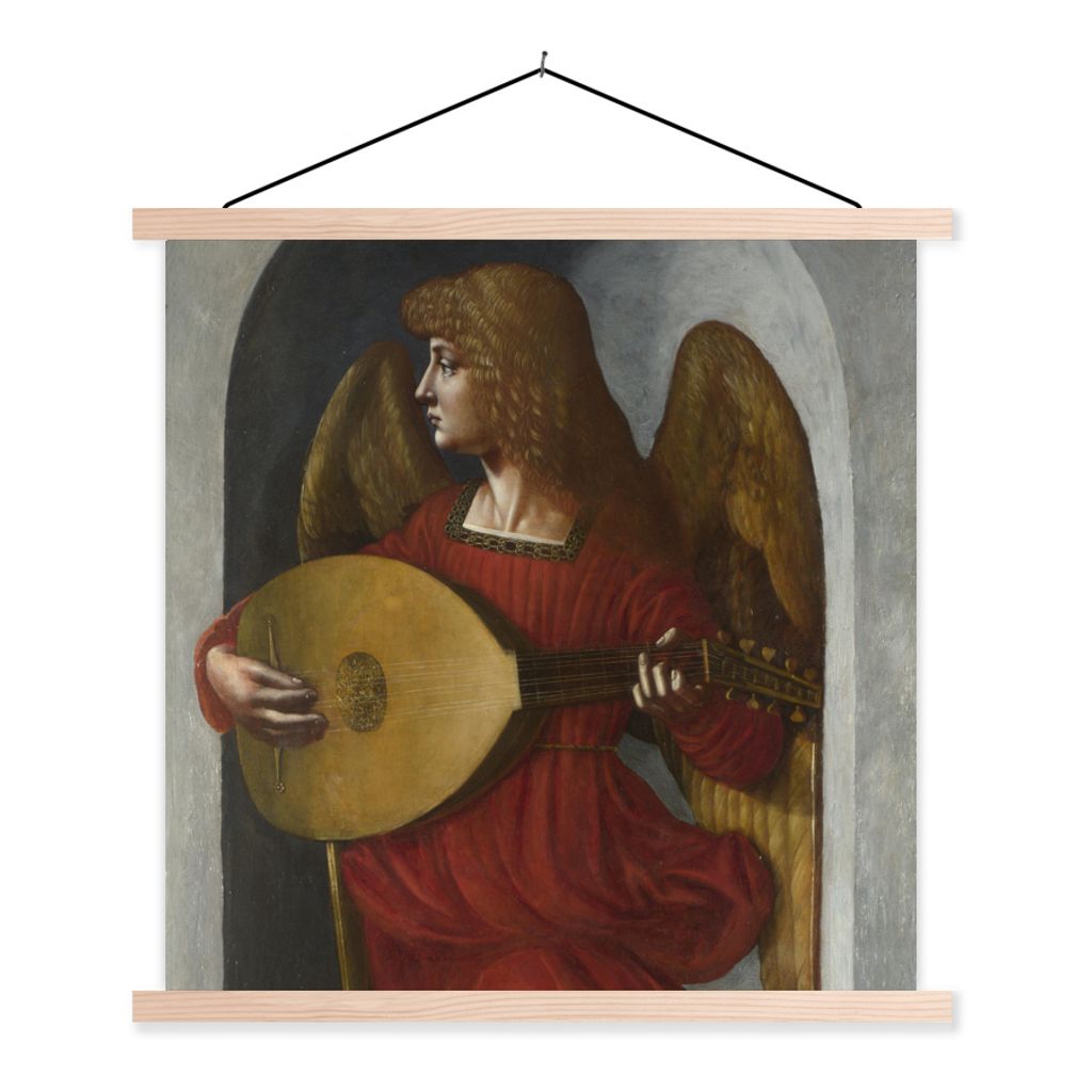 MuchoWow Textilposter Ein Engel in Rot mit einer Laute - Leonardo da Vinci 60x60 cm mit holzfarbenen Rahmen - Wanddekoration