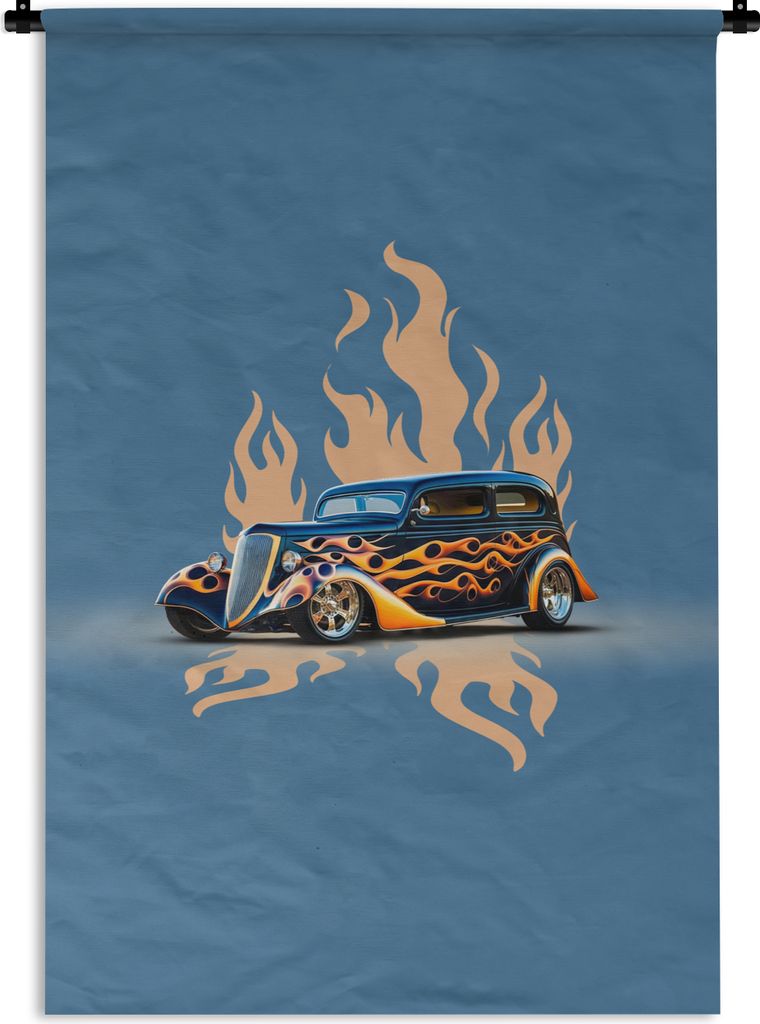 MuchoWow Wandteppich Wandbehang Auto - Oldtimer - Blau - Flammen 120x180 cm Tapisserie Dekoration Wandtuch - Schlafzimmer - Dekorationen für das...