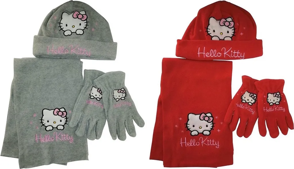 Set invernale Hello Kitty 2 pezzi con cappello, sciarpa e guanti rosso e grigio 52