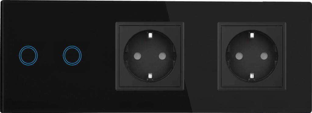 Touchschalter Panel 2+dose+dose Glas schwarz Qtouch Wandschalter ohne Modul Schuko Steckdose