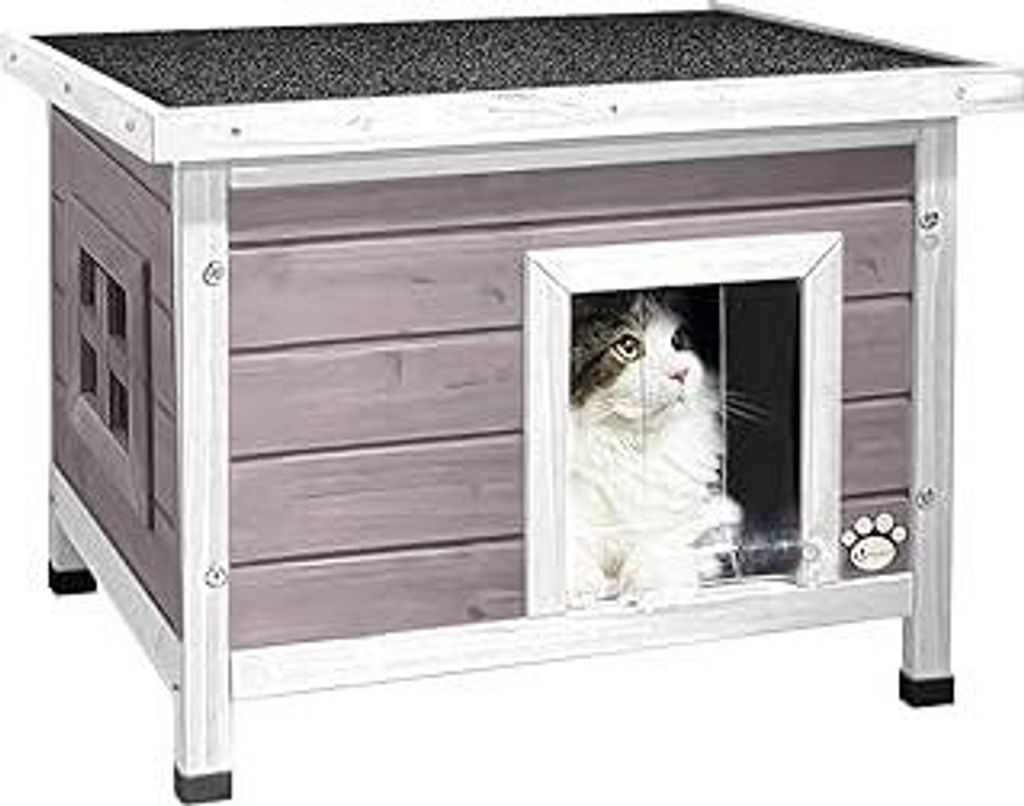 Katzenhaus aus Holz, Katzen Haus mit Asphaltdach, Katzenhütte für Draussen Outdoor 57 x 45 x 43 cm, Grau