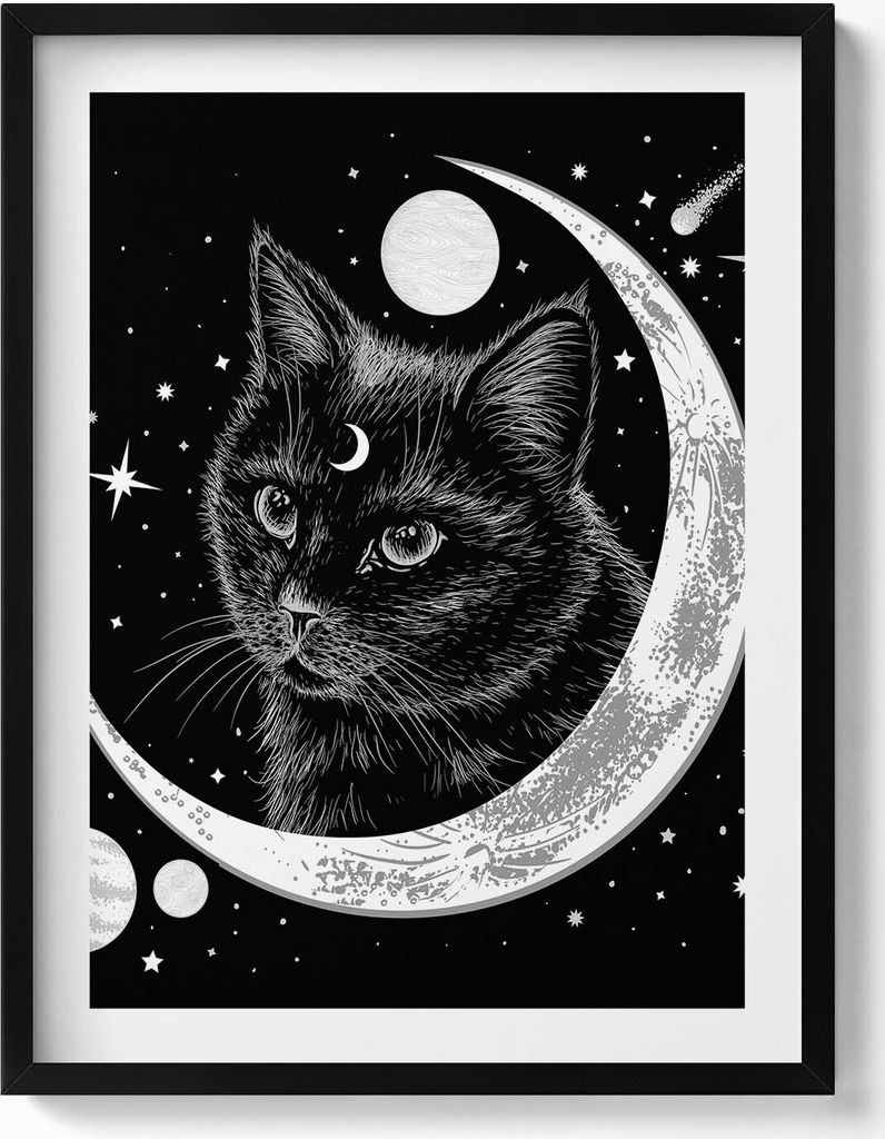 Magische schwarze Katze und Kosmos– Wandbild mit Rahmen – Gerahmtes Bild – Wanddekoration – 60x80 cm – Schwarz Rahmen