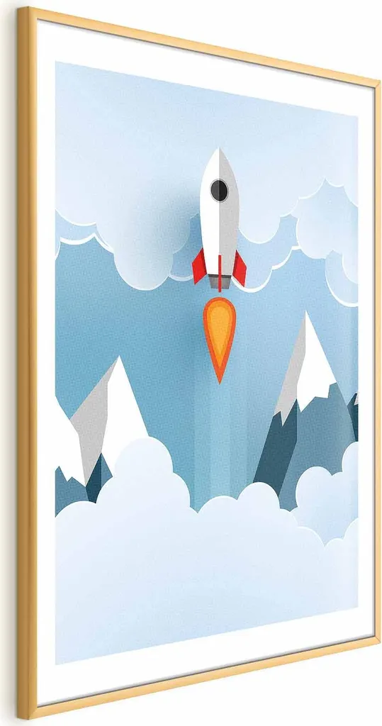 Poster Razzo Nuvole 60x90 - Cornice Oro per la Cameretta dei Sogni