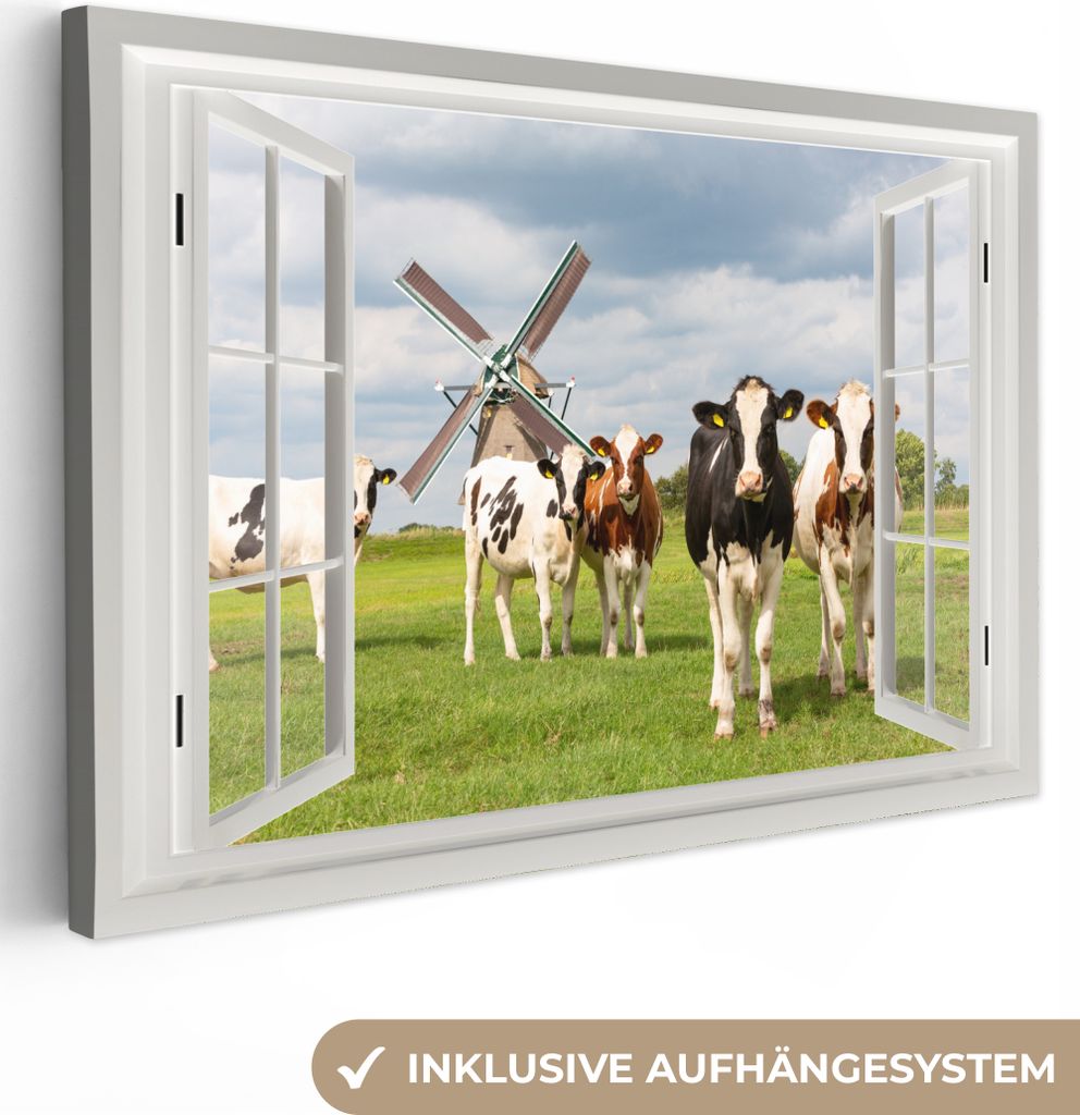 OneMillionCanvasses - Leinwandbilder - 150x100 cm, Ansicht - Kuh - Mühle, Wandbilder Kunstdruck Wanddekoration