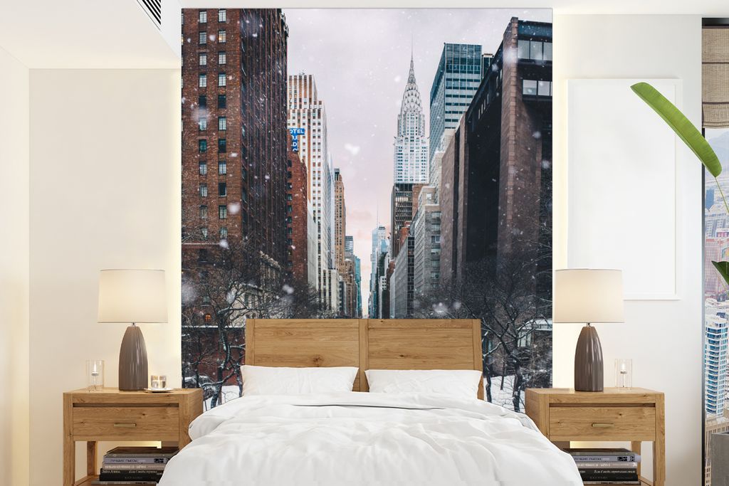 MuchoWow Fototapete für Wohnzimmer oder Schlafzimmer Wandtapete Vinyl Motivtapete New York - Schnee - Manhattan - Winter - Straße - 165x220 cm ...