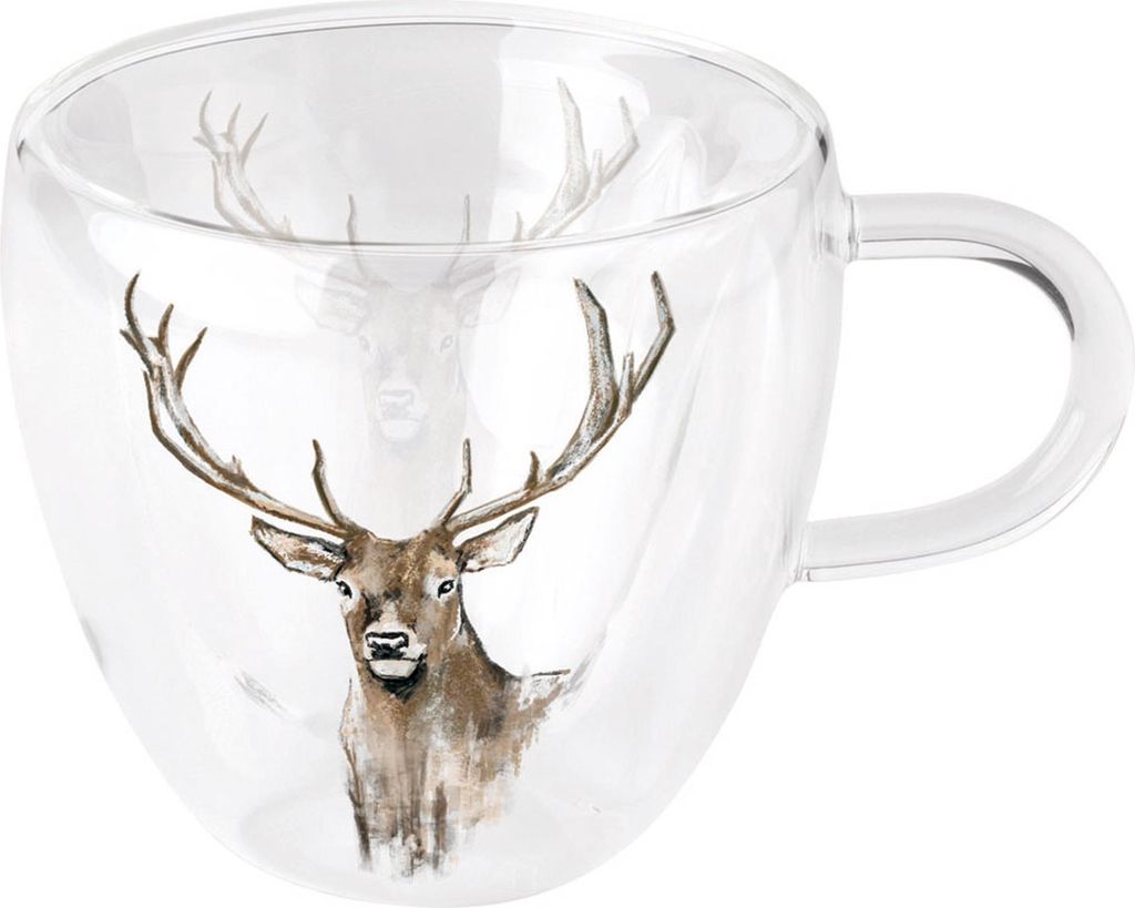 Doppelwandige Glastasse 200ml mit Henkel und Hirschmotiv