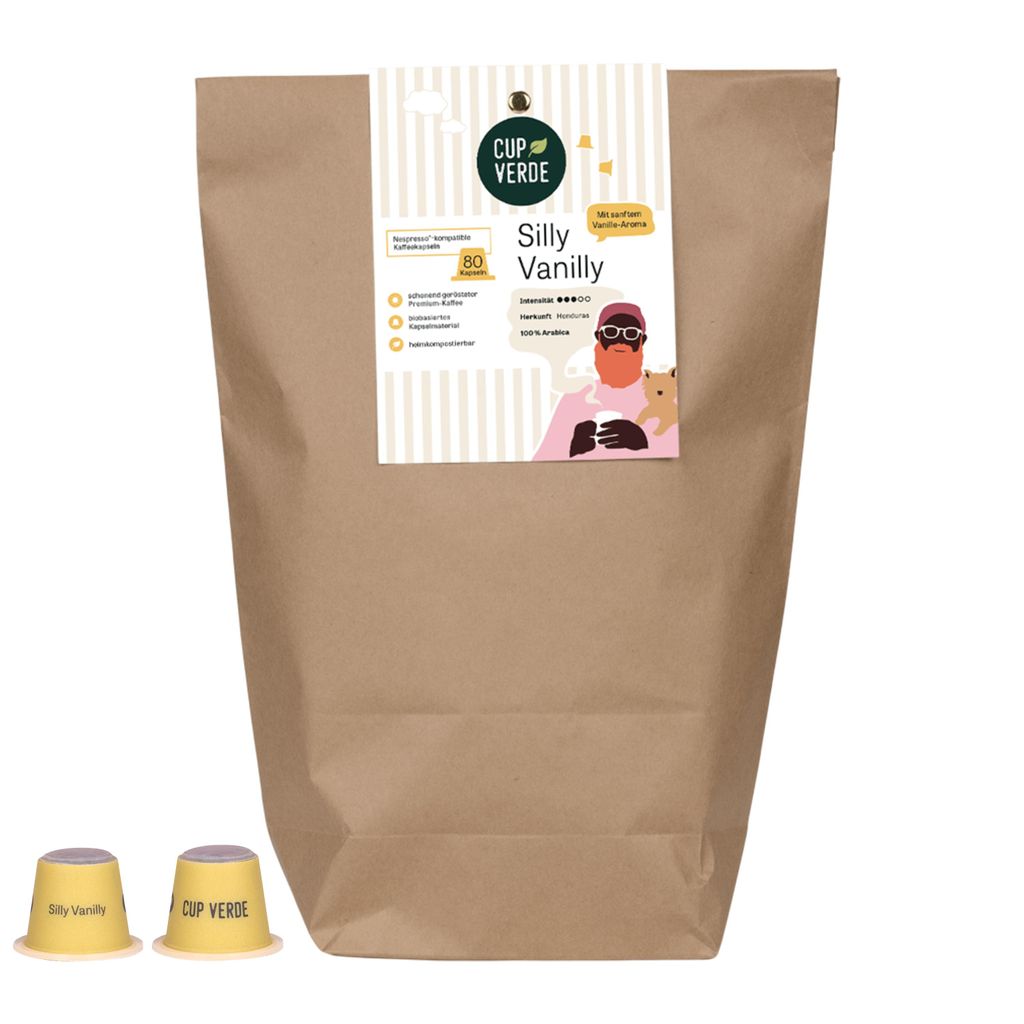 CUP VERDE – 80 Vanille Kaffeekapseln - kompatibel mit Nespresso* - SILLY VANILLY mit sanftem Vanille Aroma - Kapseln für Hauskompost – vegan