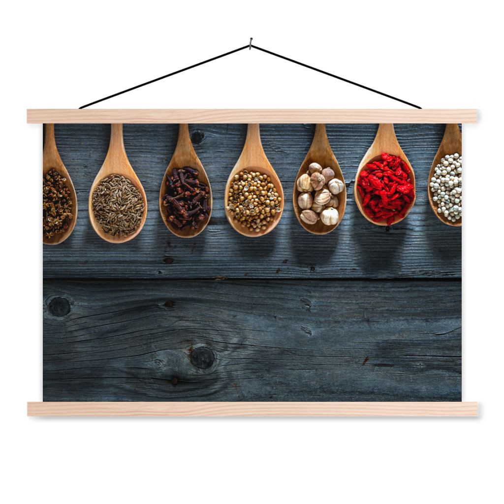 MuchoWow Textilposter Gewürze - Löffel - Holz - Küche - Gewürze - Industrie 120x80 cm mit holzfarbenen Rahmen - Aufhängeset