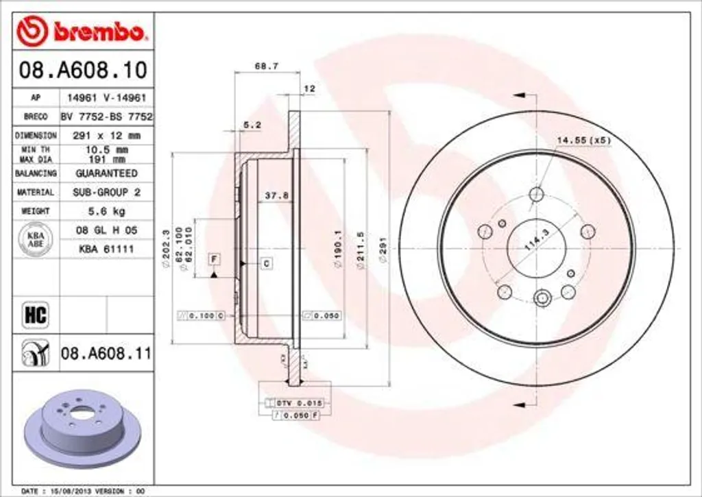 Brembo 08.A608.11 Disque de Frein Arrière OE 4243128090 Avensis Verso