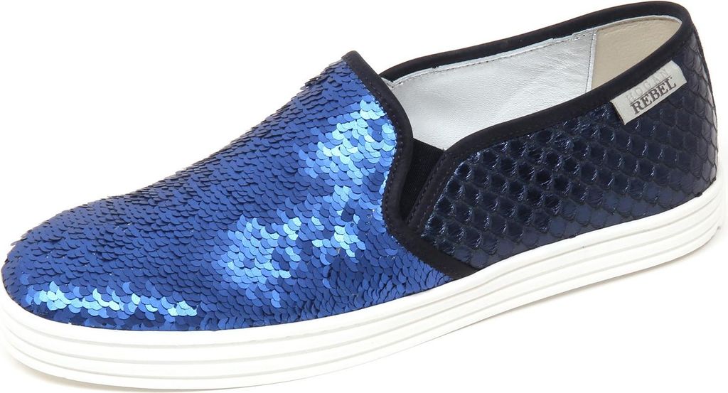 D0294 sneaker donna HOGAN REBEL R141 blu/bluette paillettes slip on shoe woman