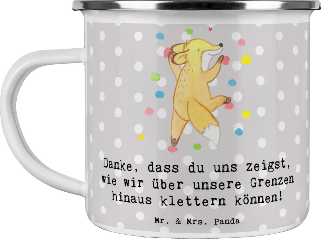 Mr. & Mrs. Panda Emaille Tasse Klettern Trainerin Dankeschön - Grau Pastell - Geschenk, Becher, Bergsteigen, Sportart, Training, Techniken, Traine...