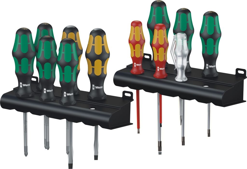 Two black tool racks holding sets of screwdrivers.