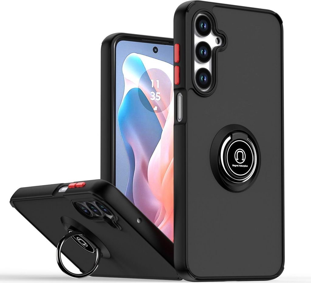 Hülle für Samsung Galaxy A16 5G/4G Matte Transluzent TPU Stoßfest Schutzhülle mit Ring Halter Ständer Schwarz Rot