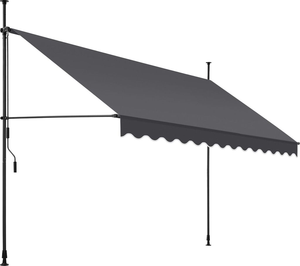 A gray awning extended from a vertical pole, with a crank mechanism visible on the pole.