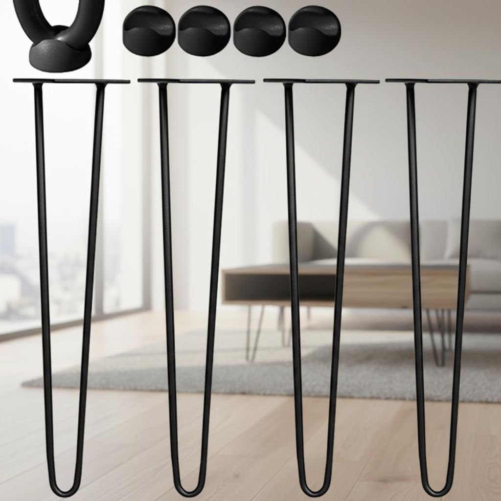 Four black hairpin legs are displayed in the foreground, with a blurred background showing a living room setting.