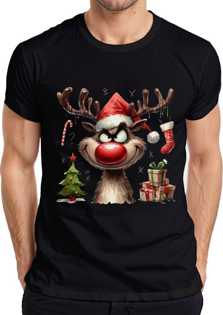 Rentier Reh Elch Rote Nase Rudolf - Weihnachten Xmas Christmas Herren T-Shirt, Schwarz, S