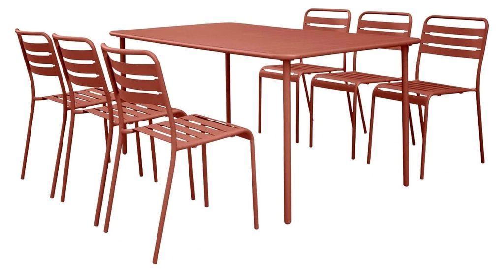 Gartentisch aus Metall mit 6 Stühlen, Amelia Terracotta 160 x 90 x H 72,5 cm