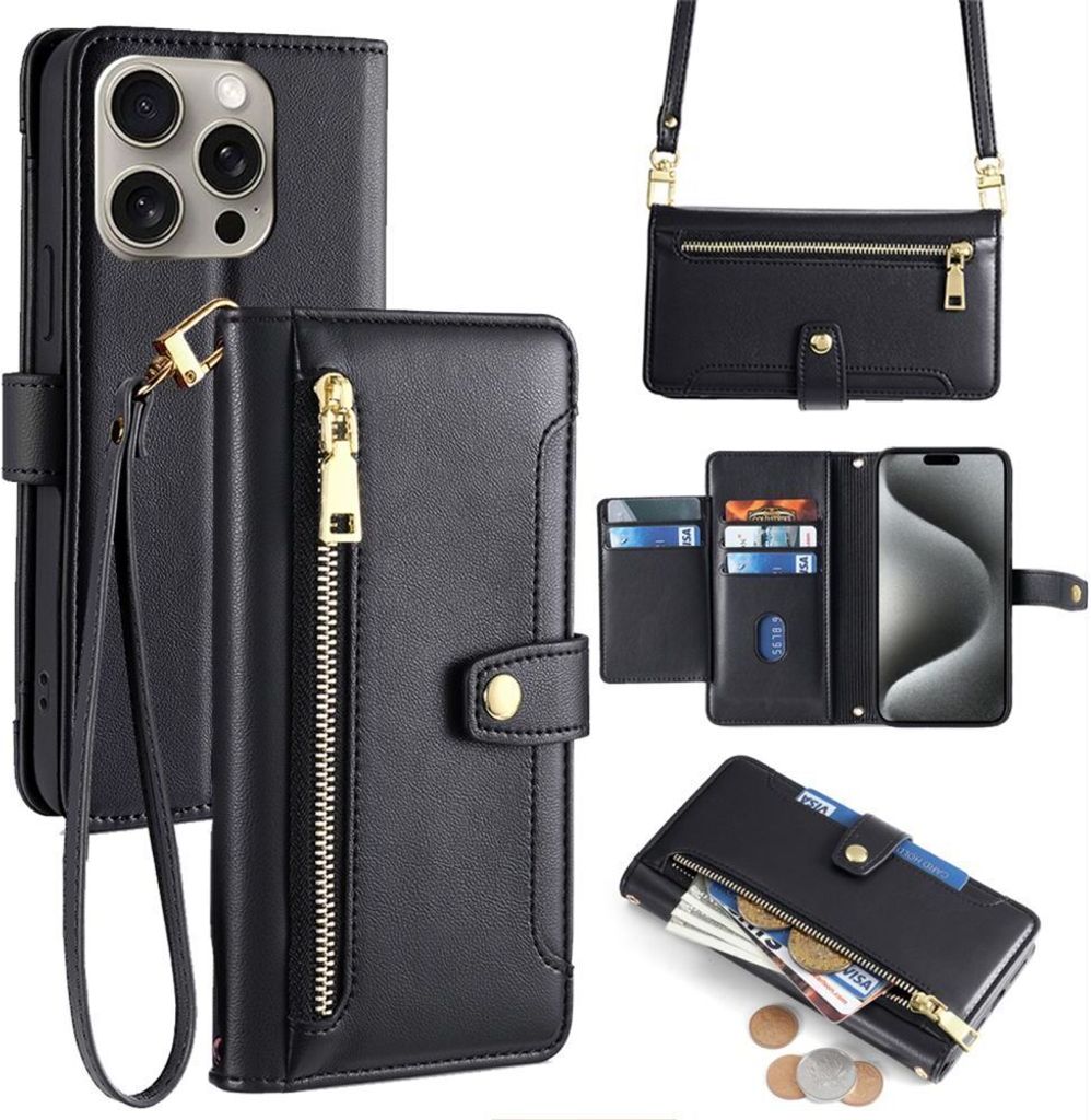 Handykette iPhone Hülle mit Band Handyhülle Kartenfächer Kunstleder Umhängetasche iPhone 15 Pro Schwarz