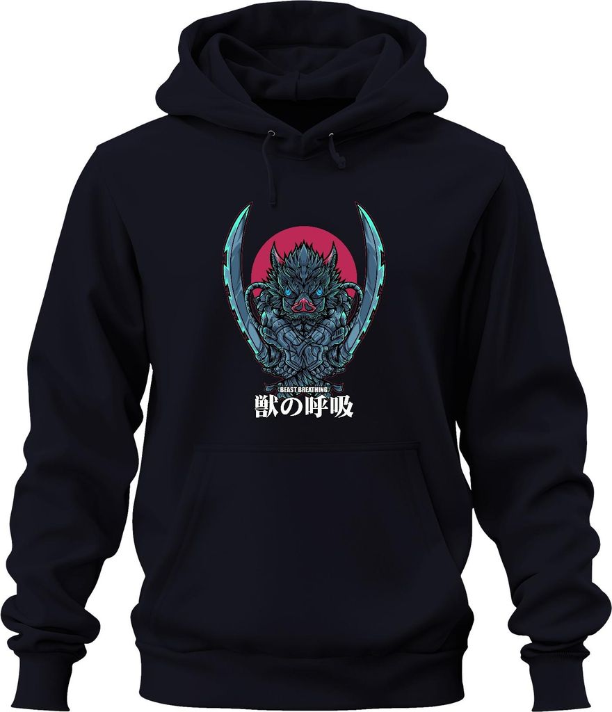 Beast Breathing Samurai Schwert Wildschwein Maske düster Uni Hoodie Kapuzenpullover, Navy, 3XL
