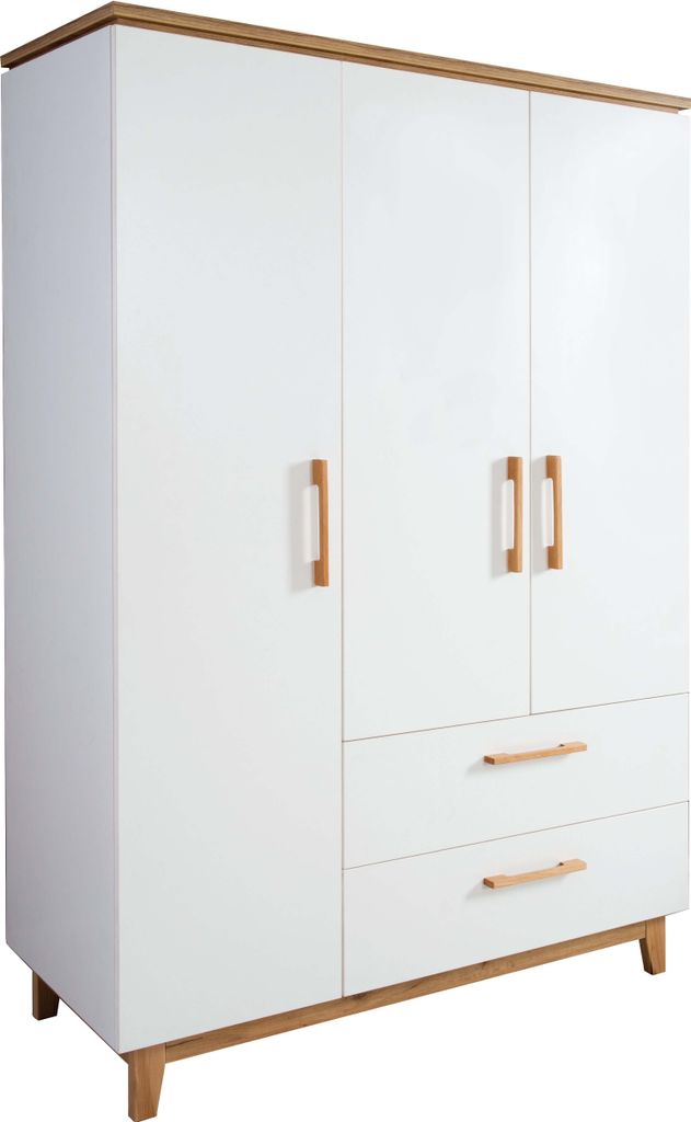 A white wardrobe with wooden accents and handles, shown from a slightly angled front view.