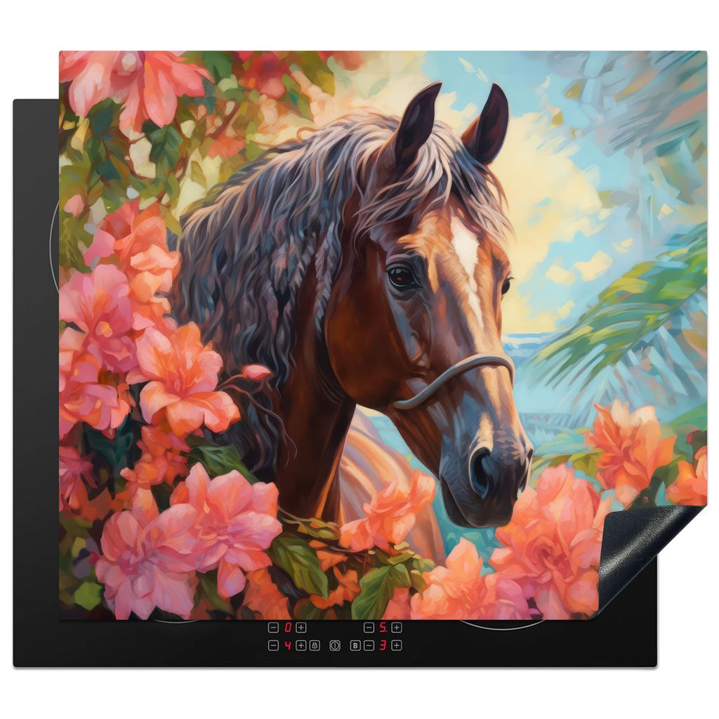 KitchenYeah Herdabdeckplatte Pferd - Blumen - Tiere - Orange , 60x52cm, Küche Deko, Glaskeramikkochfeld Herdabdeckung, Abdeckplatte fùr Kochfeld