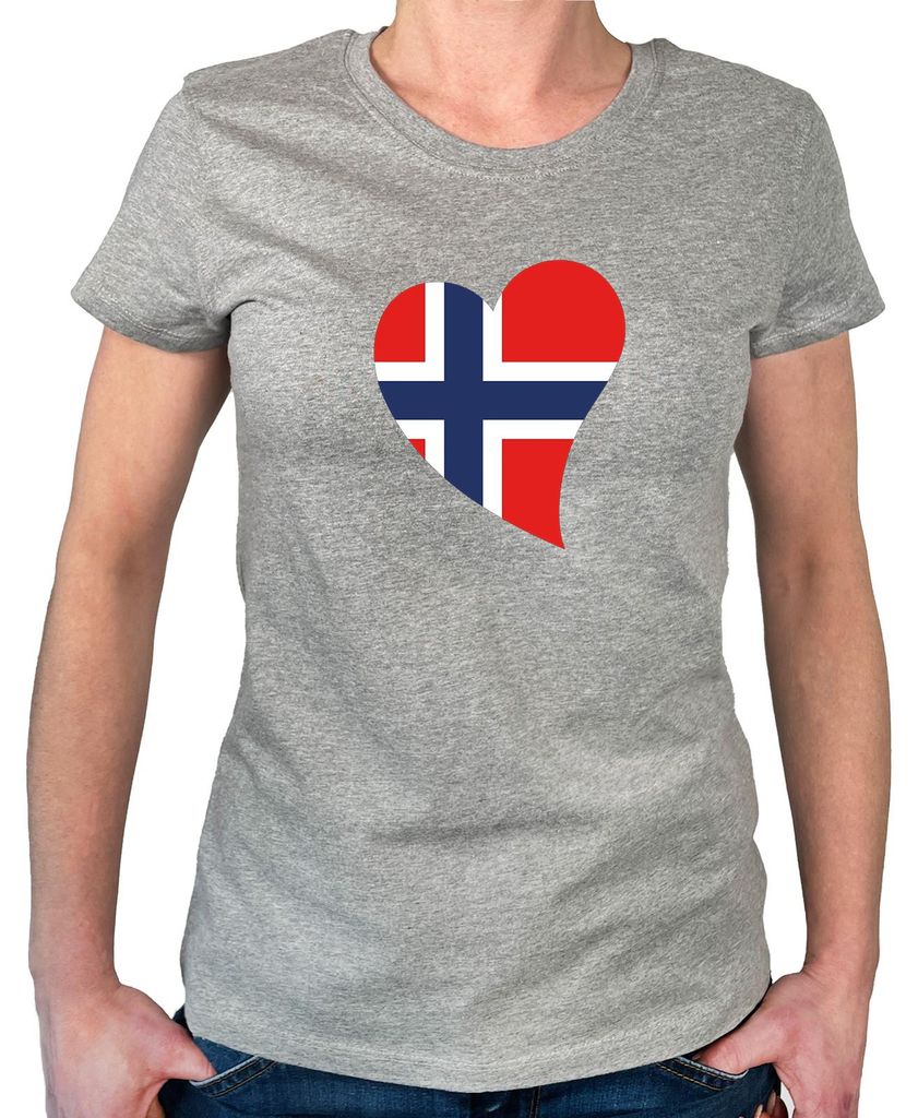 Huuraa Damen T-Shirt Norwegen Flagge Herz L Sport Grey Bio Baumwolle Fairtrade Damenshirt Geschenkidee