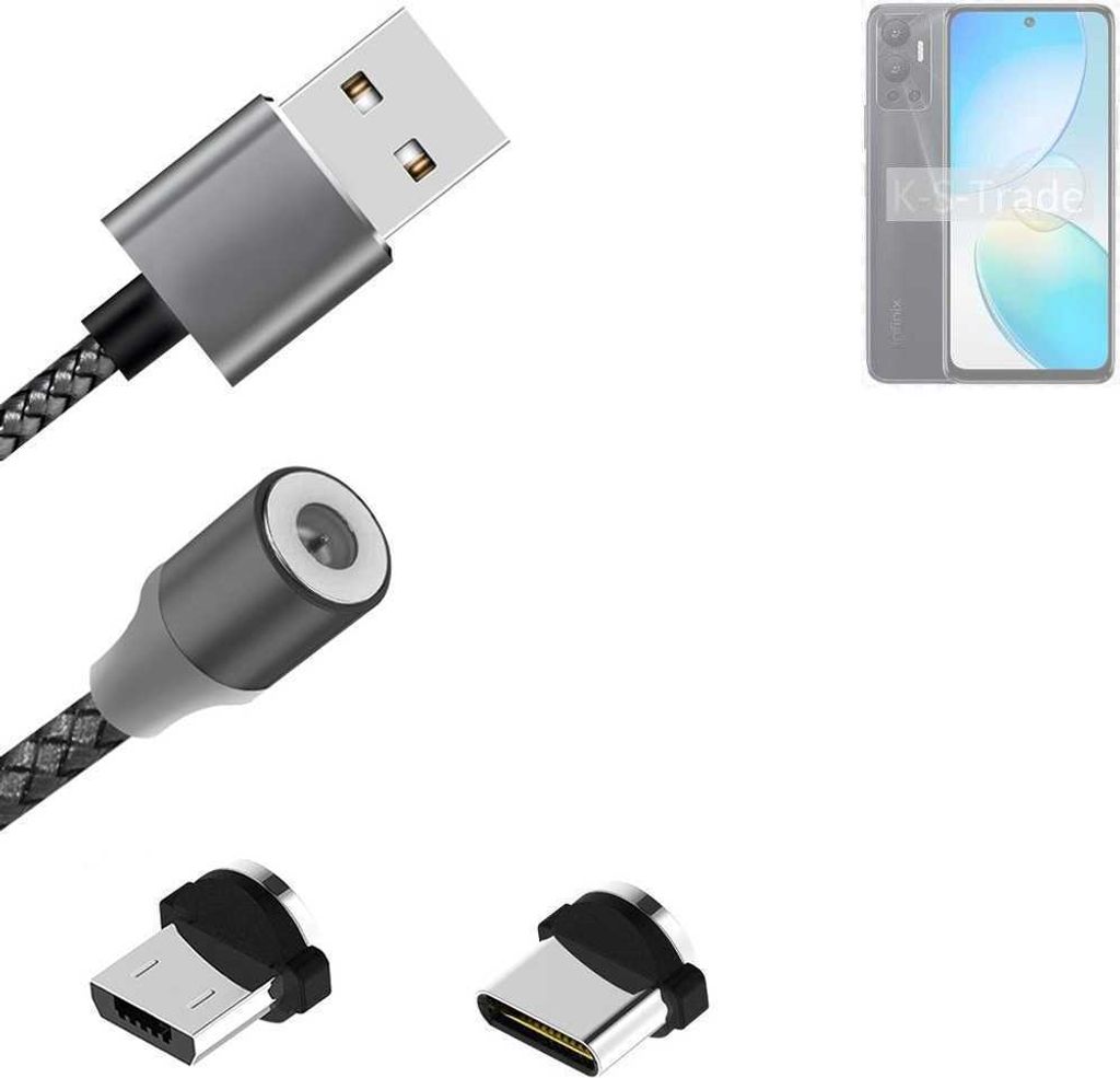 K-S-Trade Hochwertiges Magnet-Lade-kabel Sync-Kabel Daten-Kabel für Infinix Hot 12i mit USB-Typ-C-Anschluss und Micro-USB-Anschluss 2A bis zu 480mbps