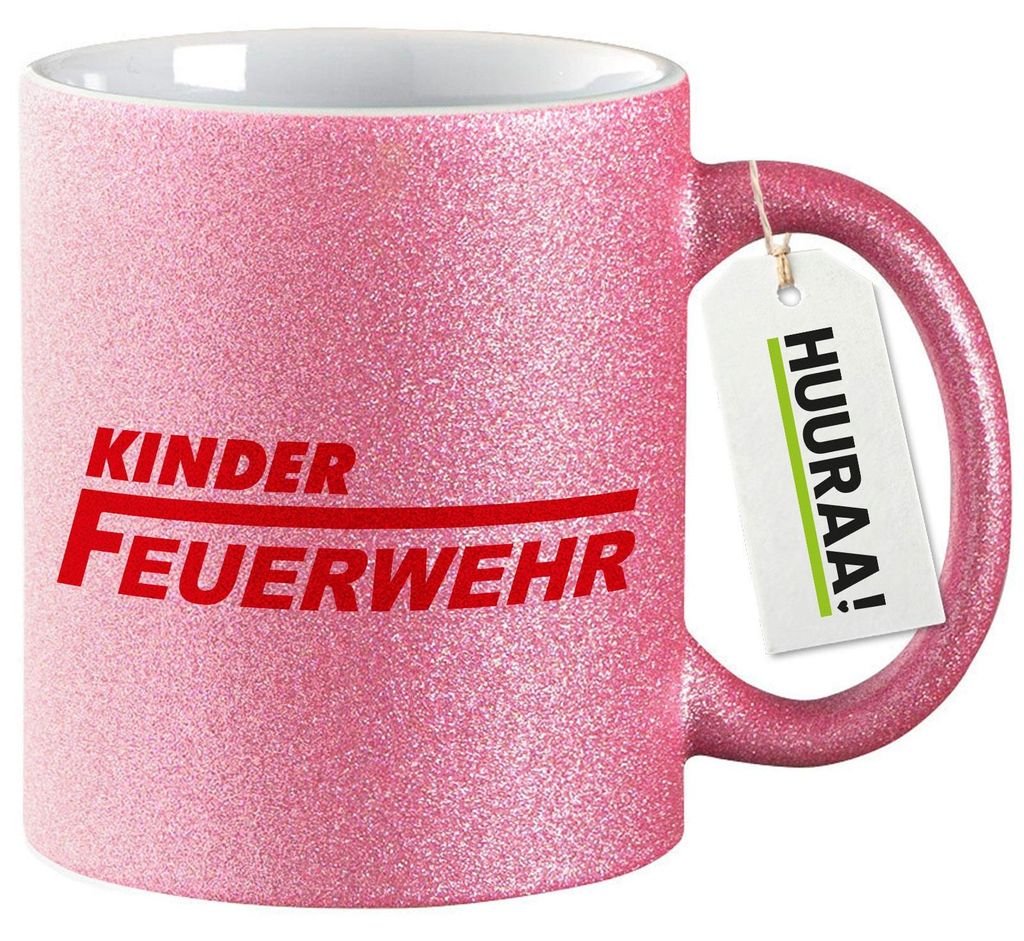 Huuraa Glitzertasse Kinder Feuerwehr Schriftzug 330ml Pink Keramik Kaffeebecher Geschenkidee