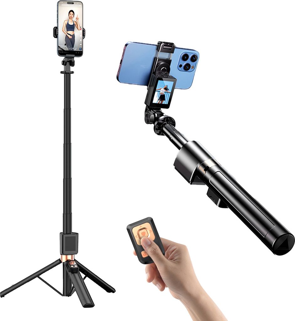 Ausziehbares Selfie-Stick-Stativ fuer Telefon mit Projektionsbildschirm, Fernausloeser, max. Hoehe 170 cm, Telefonstativ aus Aluminiumlegierung fue...