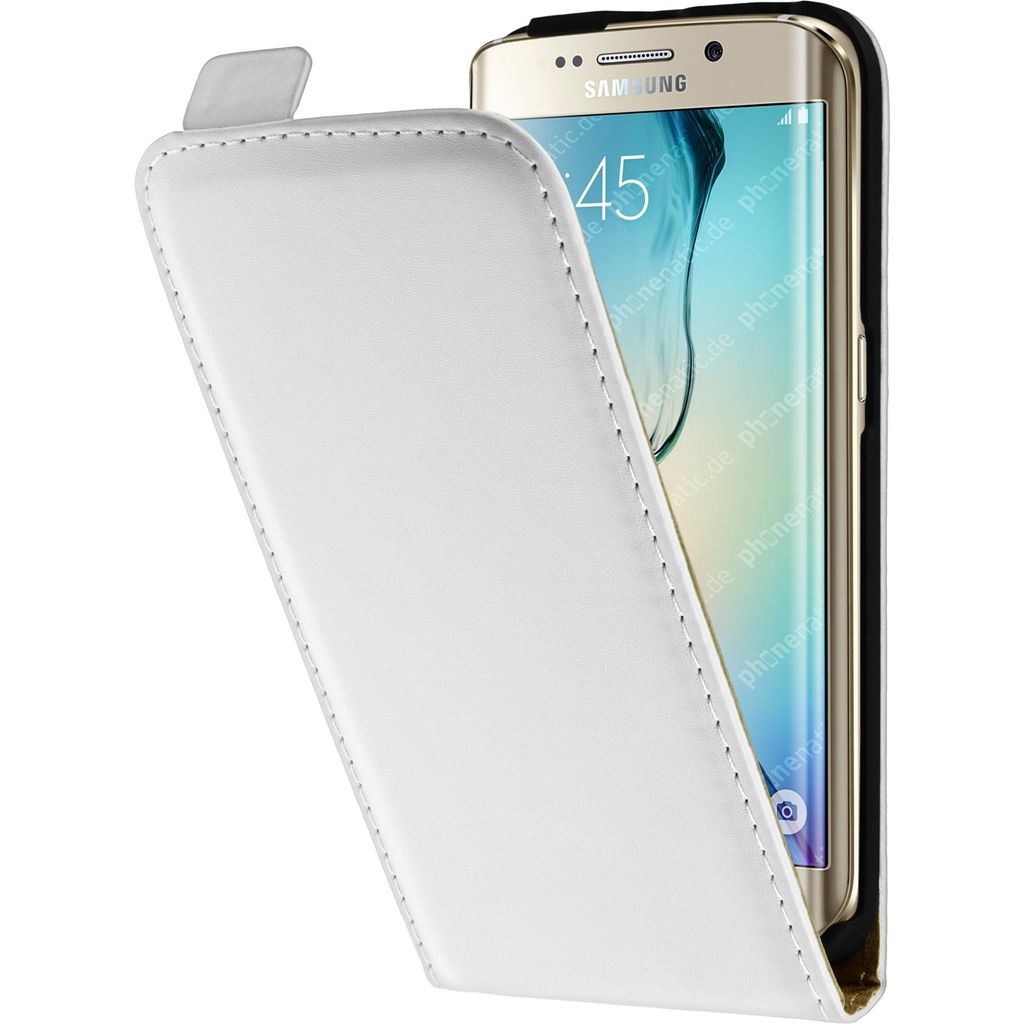 PhoneNatic Kunst-Lederhülle kompatibel mit Samsung Galaxy S6 Edge - Flip-Case weiß + flexible Folie