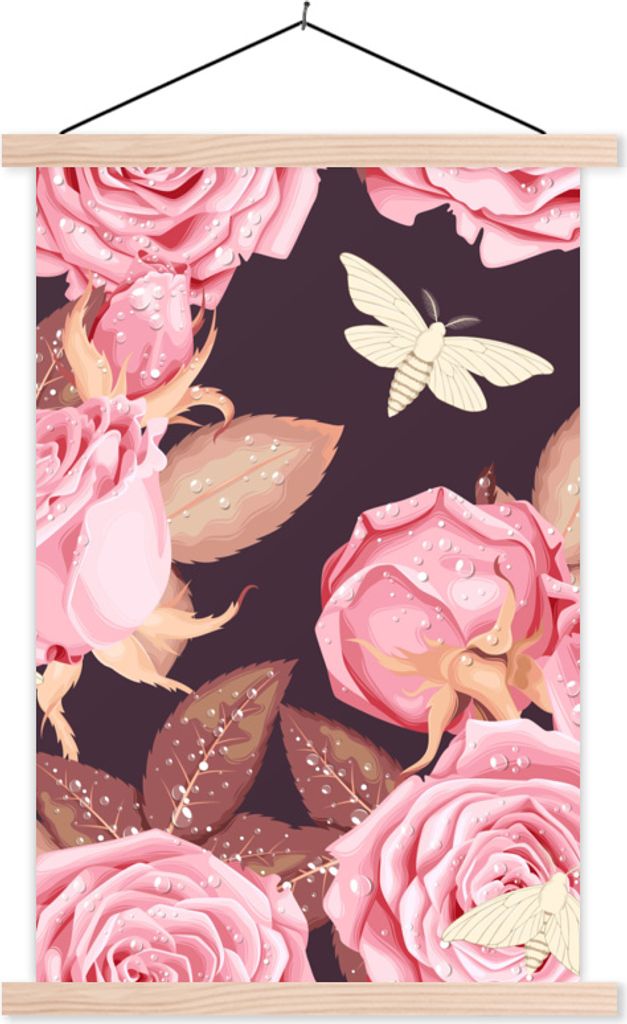 MuchoWow Textilposter Rosen - Schmetterlinge - Tropfen 40x60 cm mit holzfarbenen Rahmen - Poster
