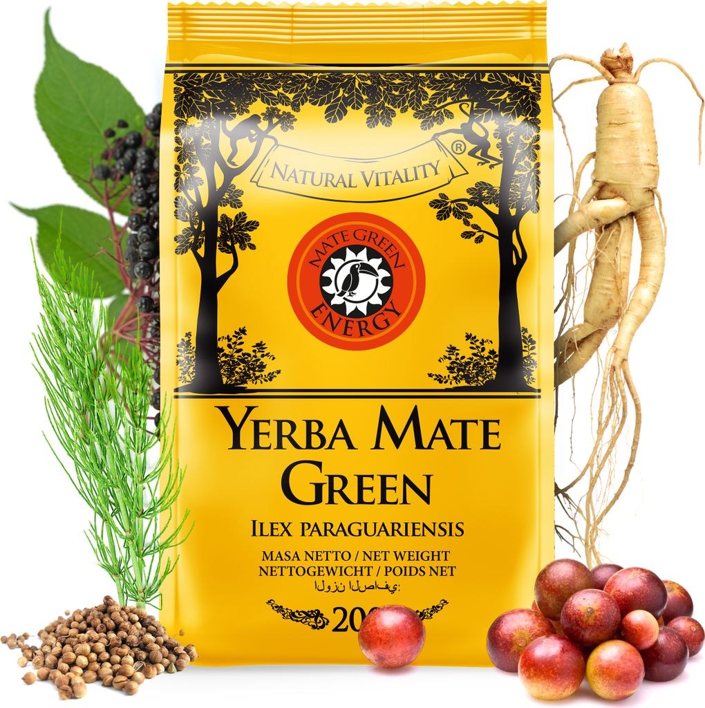 Yerba Mate Tee MATE GREEN Energy 200g - starke brasilianische Yerba Mate mit Kräutern und Früchten - ohne Zusatz künstlicher Aromen