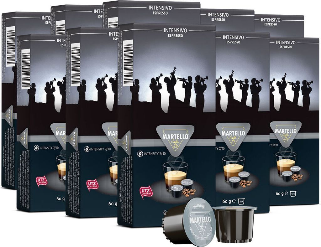 Multiple boxes of Martello Kaffee INTENSIVO coffee capsules are stacked together, with some individual capsules shown in the foreground.