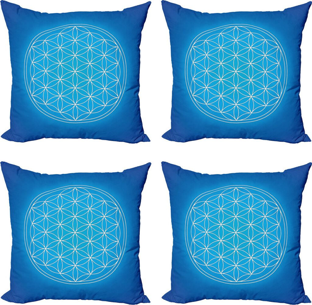 ABAKUHAUS Geometrie Kissenbezug Set (4 Stück), Flower of Life Grid, Moderner Doppelseitiger Digitaldruck, 45 cm x 45 cm, Blau Weiss