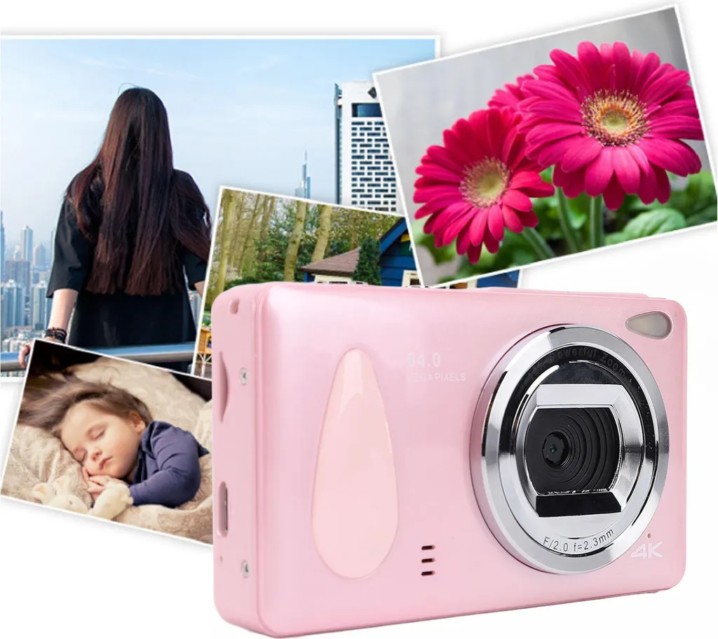 Appareil photo numérique pour voyage et vie étudiante 4K 64 MP rose LED
