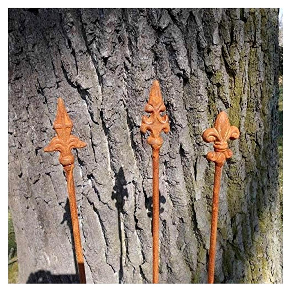 3er-Set dekorative Rankstäbe mit verzierten Spitzen aus Eisen, rostig, 115 cm