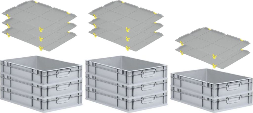 SuperSparSet 8x Eurobox NextGen Economy mit Auflagedeckel und 4x Schiebeschnappverschlüsse Gelb | Griffe geschlossen | HxBxT 12x40x60cm | 23 Liter...