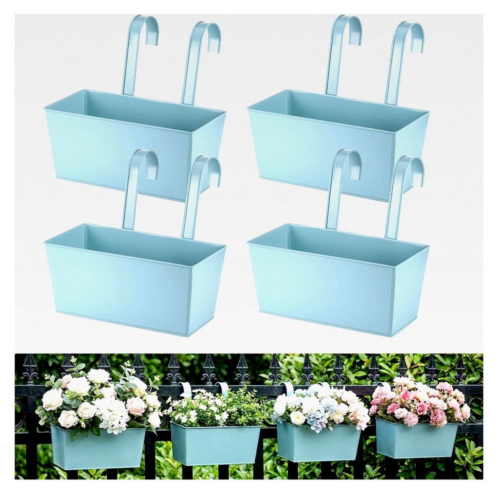 4 Stück Hängende Blumentöpfe für Balkon, Geländer und Garten, Metall Pflanzgefäße mit Abnehmbarem Haken, Blassgrün