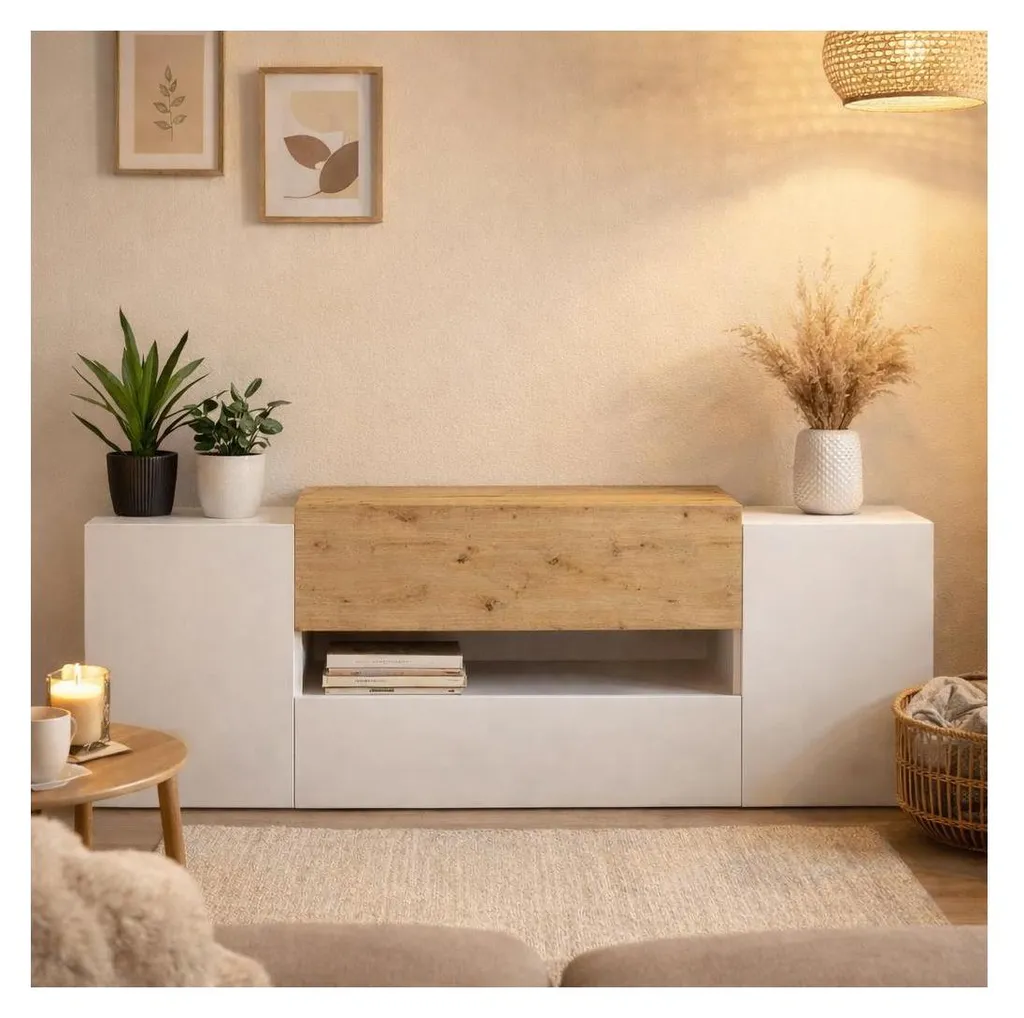 Grand Banc TV 182 cm avec Rangements Olpe - Buffet Multimédia Moderne