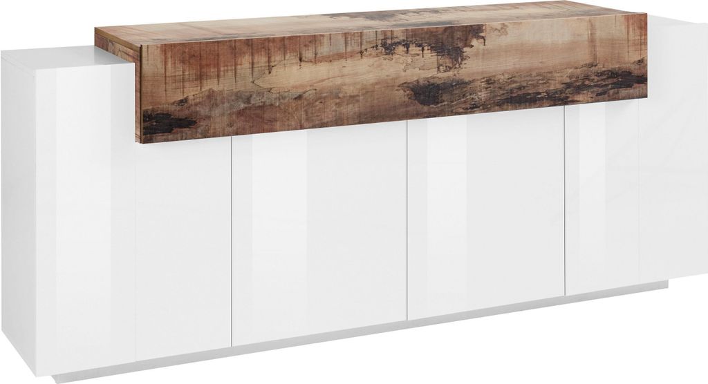 Sideboard Beistellschrank Highboard Anrichte Kommode Schrank "Catania IV" Weiß Hochglanz / Ahorn Nachbildung