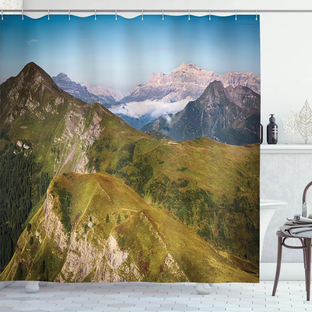 ABAKUHAUS Tenda da doccia per esterni, paesaggio montano Scenic Green Peaks Cielo sereno Alpi italiane Foto, 175 x 220 cm, verde blu
