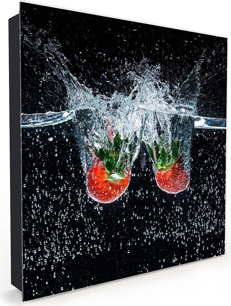 Nachbildung-Schlüsselkasten, Magnetpinnwand und Memoboard mit Glasfront Motiv Erdbeeren in Wasser fallend