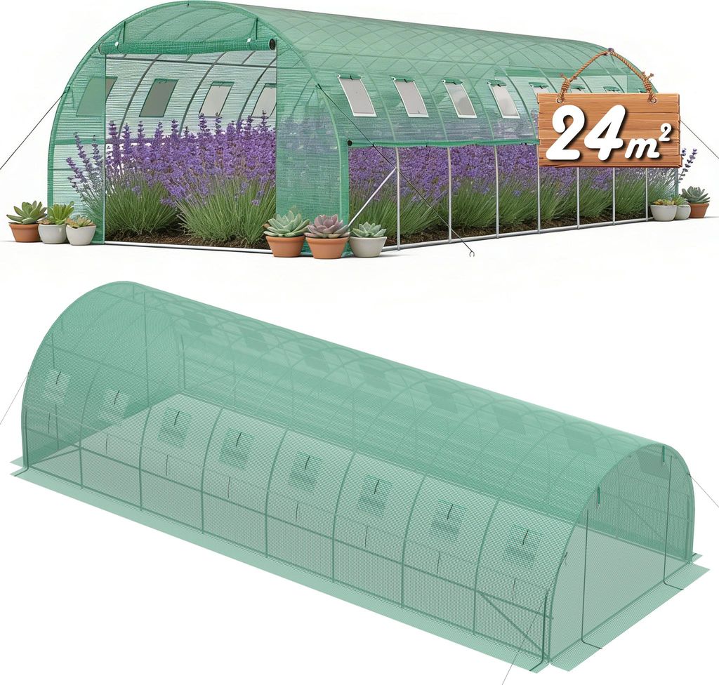 UISEBRT Gewächshaus Tunnel 800x300x200 cm aus Stahl mit PE-Netz 140g, Belüftungsfenster & Reißverschlusstüren, Gartentunnel Tomatenhaus Insekte...
