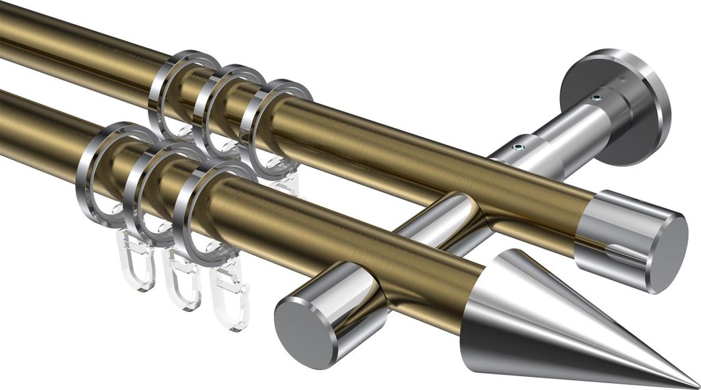 Interdeco Gardinenstange / Vorhangstange Messing Antik / Chrom, Typ Prestige Savio (Kegel), 20 mm Ø 2-läufig, 120 cm