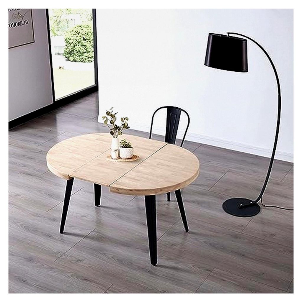 Runder Esstisch, ausziehbar, Bali, nordische Eiche und Schwarz, 76 x 100 - 180 x 100 cm