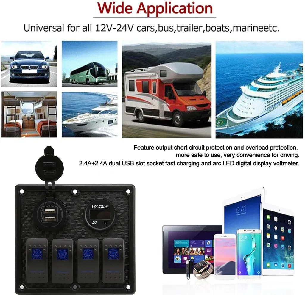 Pannello 4 Interruttori Universale 12V: Voltmetro Blu e USB 4.8A Rapida - 3