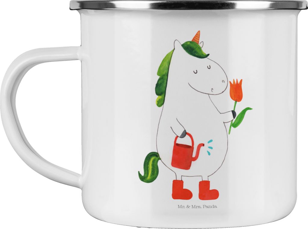 Mr. & Mrs. Panda Emaille Becher Einhorn Gärtner - Weiß - Geschenk, Blume, Giesskanne, Stiefel, Unicorn, Tasse, Teetasse, Kaffeepott, Garten, Einh...