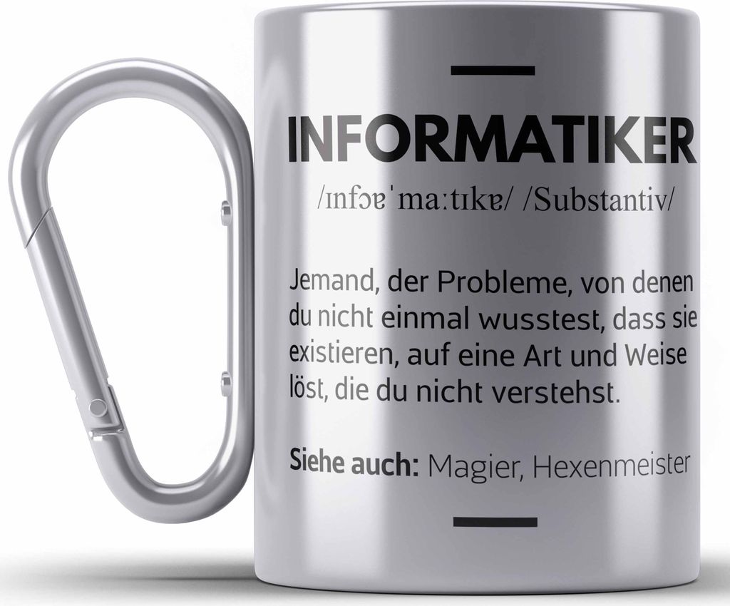 Trendation - Informatiker Edelstahl Tasse Karabiner Geschenk Programmierer Gadget Lustig Geschenkidee Männer Zubehör Informatiklehrer IT (Silber)